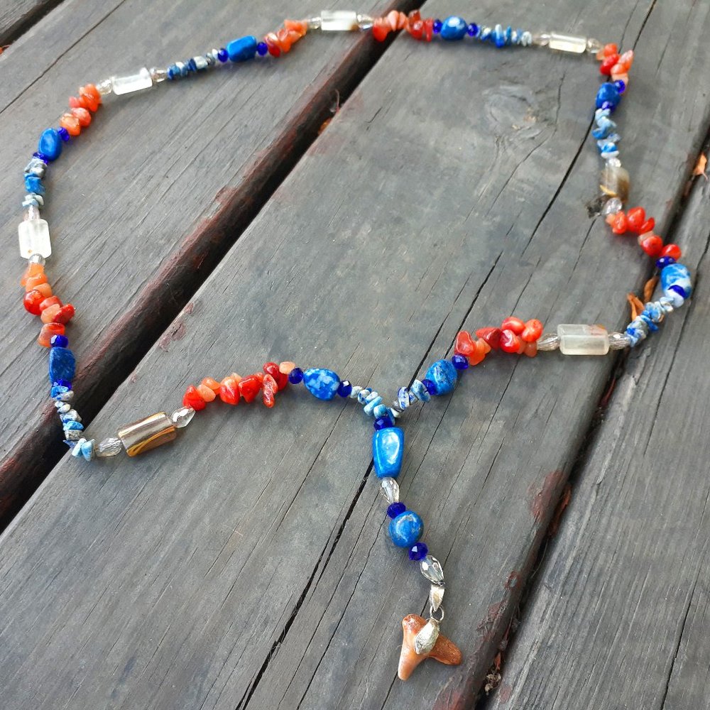 Lapis Carnelian Shark Tooth Necklace
